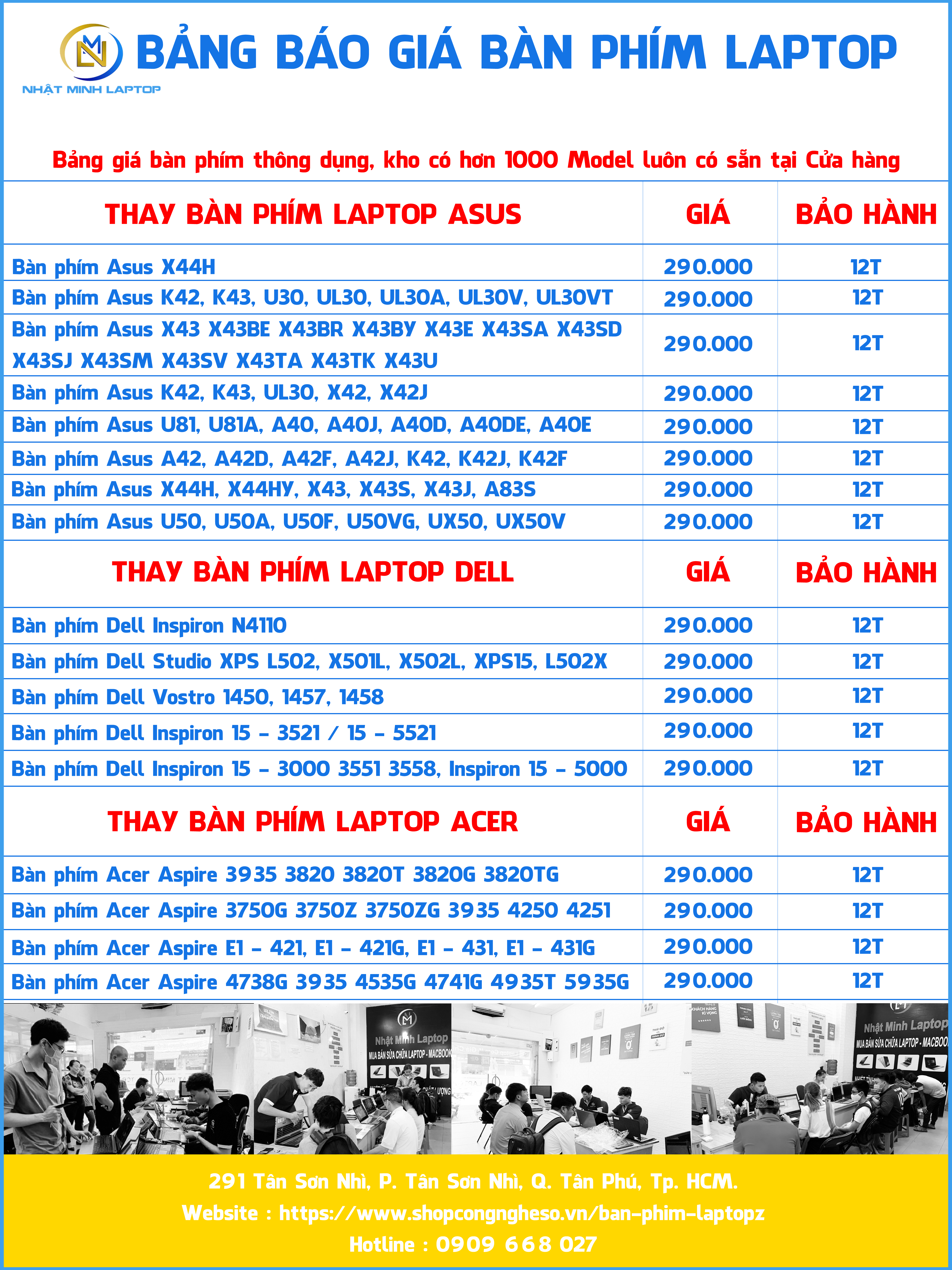 Bảng báo giá bàn phím laptop tại Trung Tâm Nhật Minh